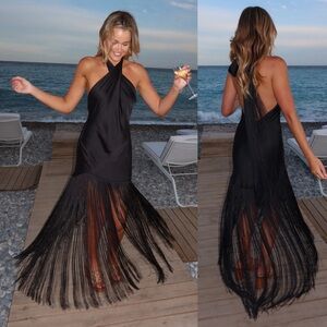 NEW NWOT Show Me Your Mumu Jasmine Fringe Halter Maxi Dress Black Satin SIZE M